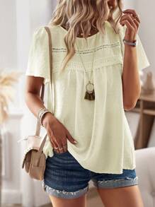 SHEIN LUNE Swiss Dot Contrast Guipure Lace Blouse - Apricot - View 1