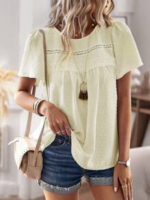 SHEIN LUNE Swiss Dot Contrast Guipure Lace Blouse - Apricot - View 5