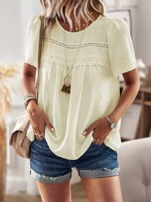 SHEIN LUNE Swiss Dot Contrast Guipure Lace Blouse - Apricot - View 6