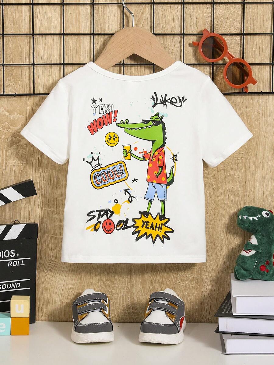 SHEIN 嬰兒恐龍和字母圖案T恤 - 白色 - 查看 1