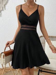 SHEIN Frenchy Guipure Lace Insert Cami Dress - Black - View 3