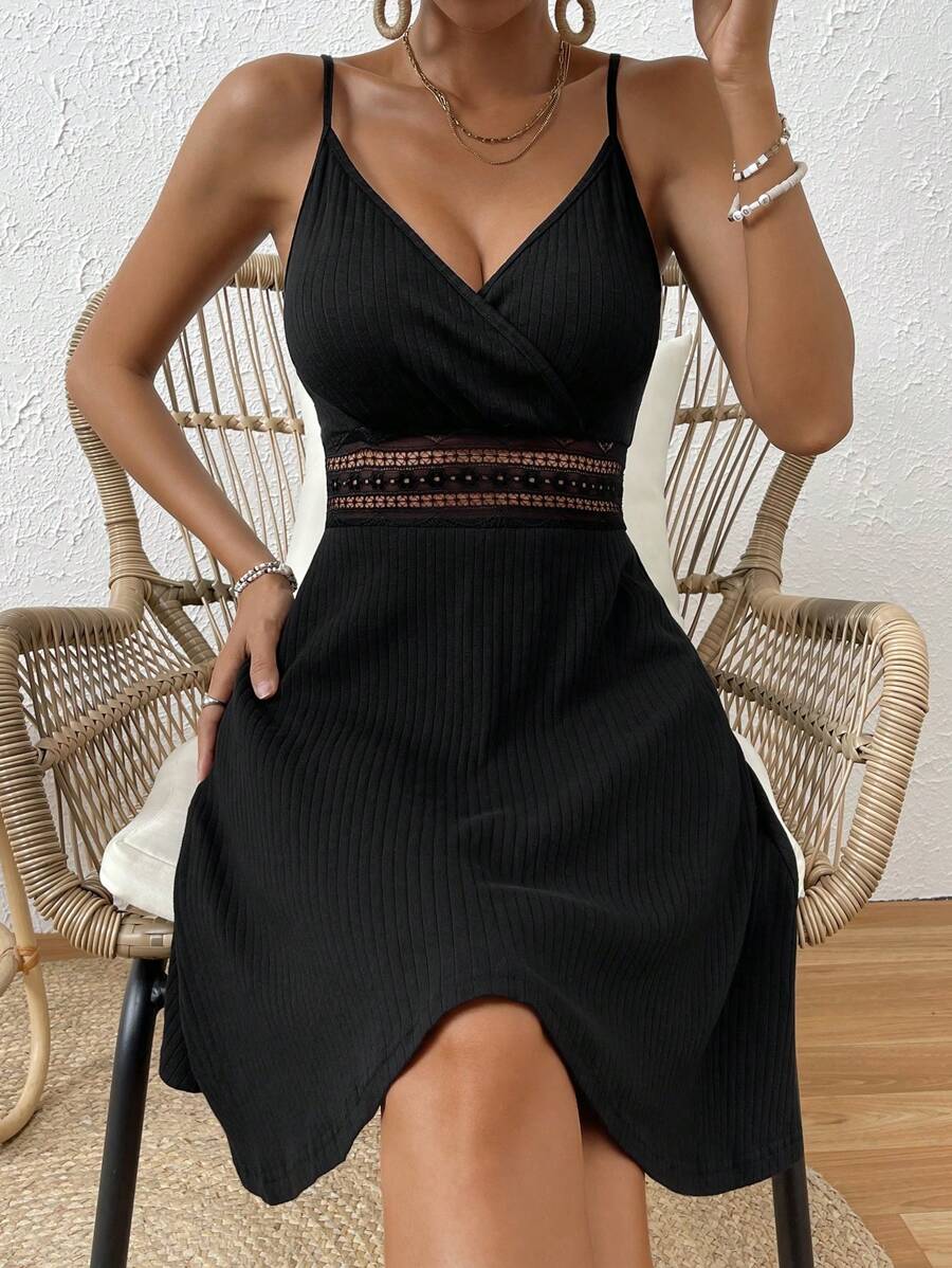 SHEIN Frenchy Guipure Lace Insert Cami Dress - Black - View 1