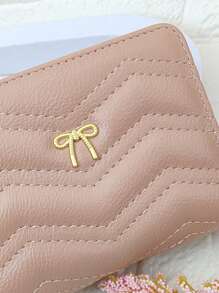 MINGYOU Szewron Pikowany Mały Portfel Kokardka Zipper PU Fashion - Różowy - Zobacz 4