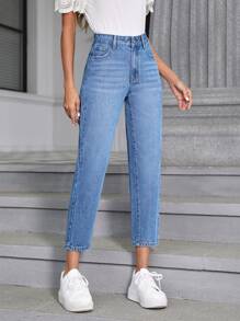 Jeans de ajuste mom de talle alto - Azul lavado medio - Ver 1