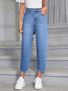 Jeans de ajuste mom de talle alto - Azul lavado medio - Ver 3