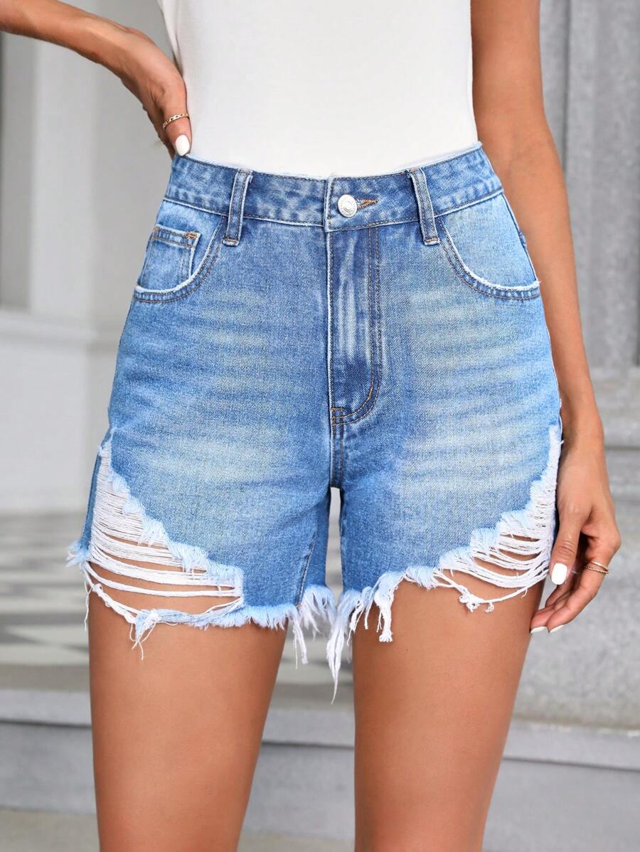 SHEIN LUNE 高腰破洞毛邊牛仔短褲 - 中等水洗藍 - 查看 1