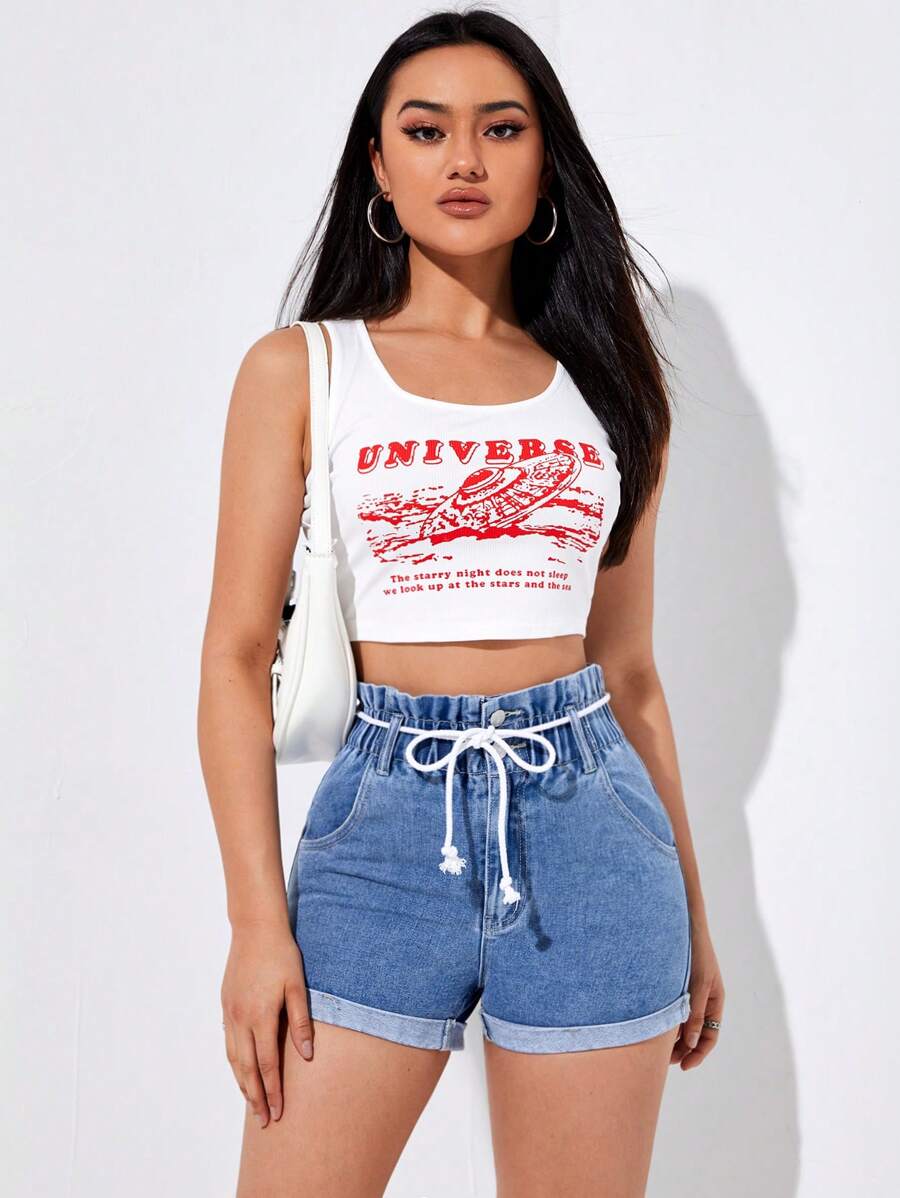SHEIN EZwear Quần short denim nữ Dây kéo Túi Quần paper-bag màu trơn - Màu xanh lam - Xem 1