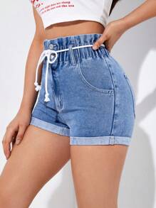 SHEIN EZwear Quần short denim nữ Dây kéo Túi Quần paper-bag màu trơn - Màu xanh lam - Xem 5