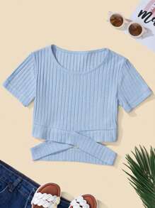 RueChic Girls Solid Cut Out Rib-knit Tee - Màu xanh lam - Xem 1