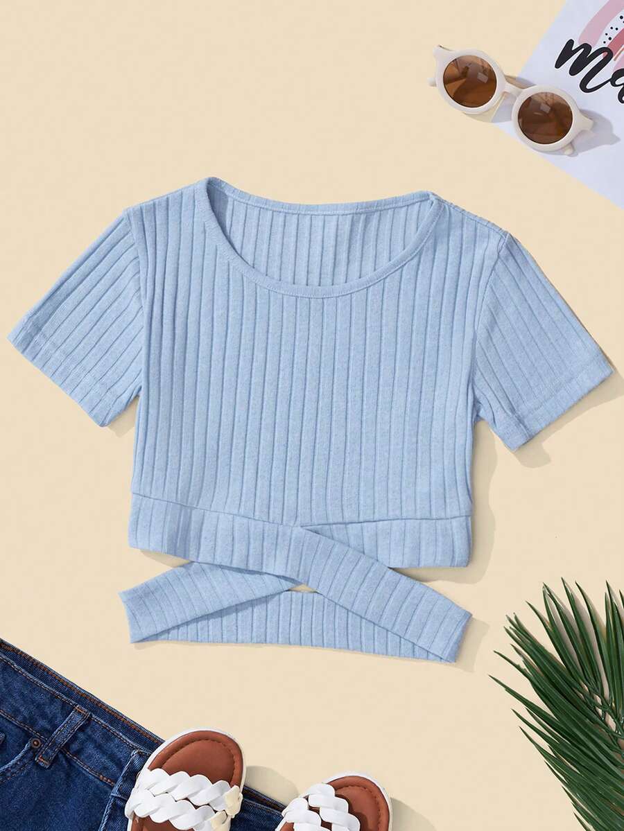 RueChic Girls Solid Cut Out Rib-knit Tee - Màu xanh lam - Xem 1