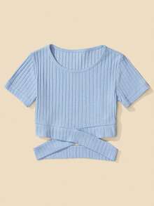 RueChic Girls Solid Cut Out Rib-knit Tee - Màu xanh lam - Xem 3