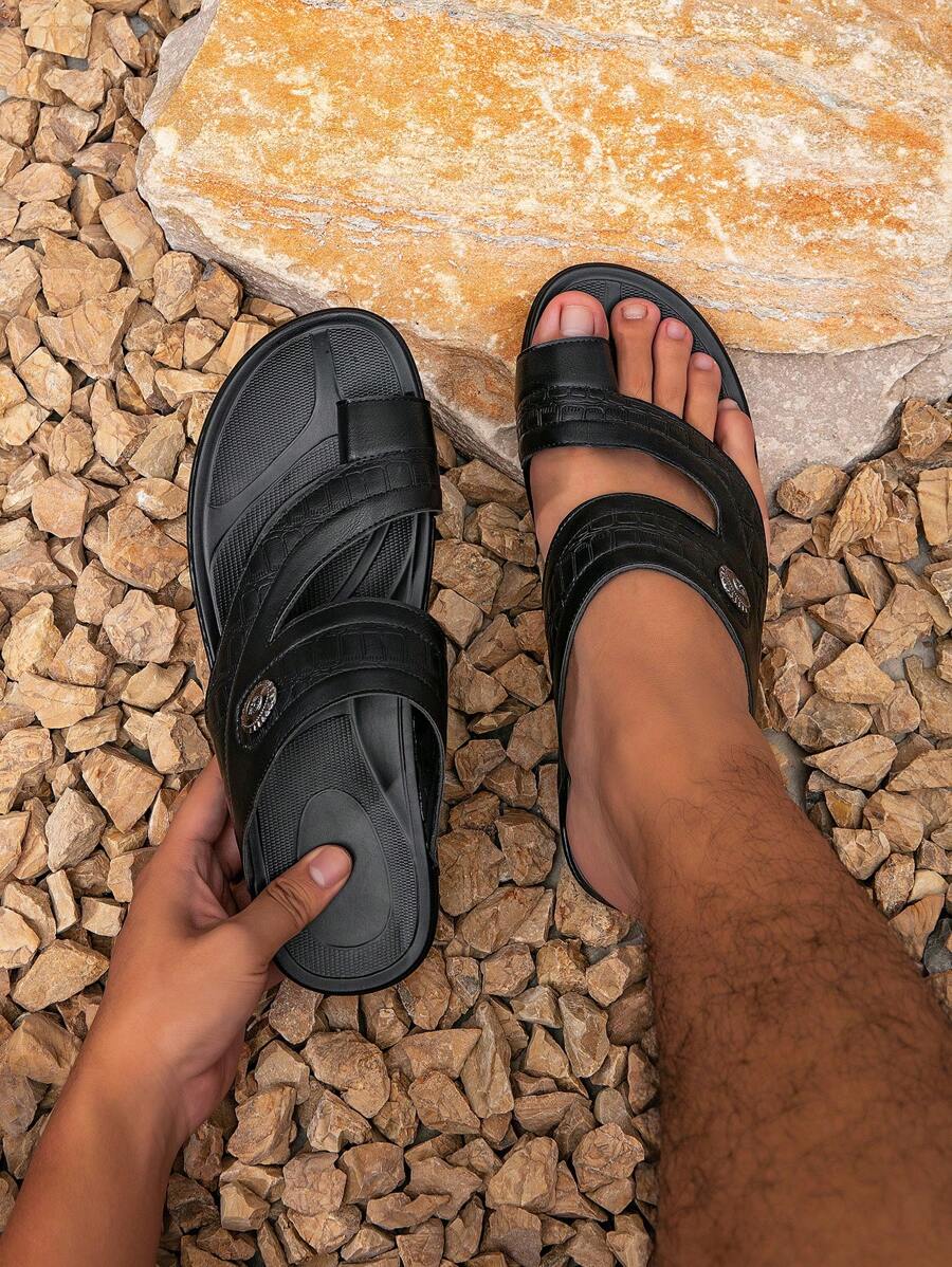 Dép Xỏ Ngón Thời Trang Cho Nam, Thiết Kế Cut Out In Nổi Cá Sấu Dép Đi Trong Nhà & Ngoài Trời - màu đen - Xem 1