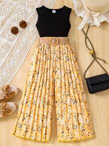 SHEIN Cô Gái Trẻ Chất rắn Áo ba lỗ & In hoa Xếp li Thắt lưng Quần Bộ - Nhiều màu - Xem 1