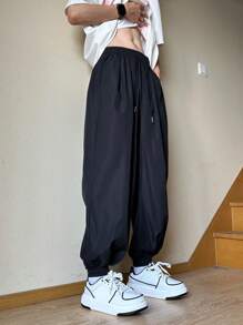 Manfinity Hypemode Men Solid Drawstring Waist Pants - Black - View 5