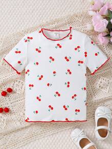 SHEIN 小女童櫻桃圖案木耳邊T恤 - 白色 - 查看 1