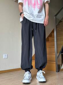 Manfinity Hypemode Men Solid Drawstring Waist Pants - Black - View 6