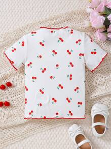 SHEIN 小女童櫻桃圖案木耳邊T恤 - 白色 - 查看 2