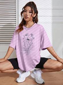 SHEIN EZwear Floral Print Drop Shoulder Tee - Lilac Purple - View 3