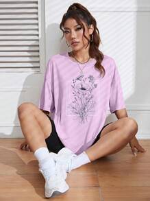 SHEIN EZwear Floral Print Drop Shoulder Tee - Lilac Purple - View 4