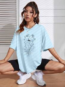 INAWLY Floral Print Drop Shoulder Tee - Baby Blue - View 7