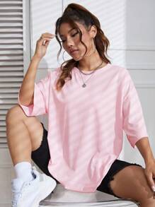 SHEIN EZwear 印花落肩袖超大號T恤 - 粉色 - 查看 2