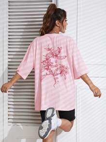 SHEIN EZwear 印花落肩袖超大號T恤 - 粉色 - 查看 3