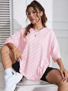 SHEIN EZwear 印花落肩袖超大號T恤 - 粉色 - 查看 4