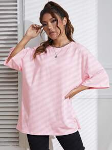 SHEIN EZwear 印花落肩袖超大號T恤 - 粉色 - 查看 5