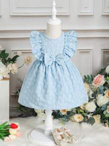 嬰兒花卉圖案提花荷葉邊前蝴蝶結洋裝 - 藍色 - 查看 1