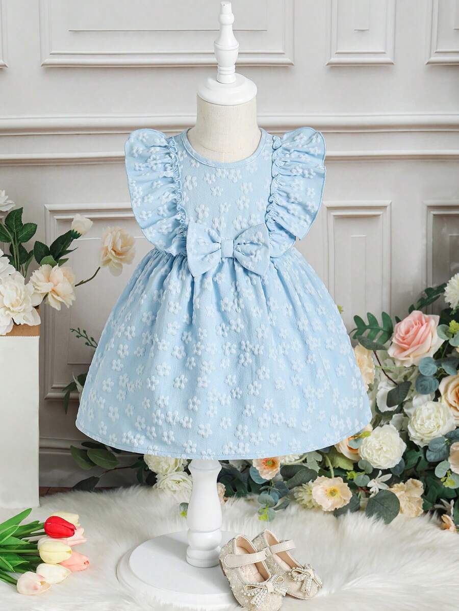 嬰兒花卉圖案提花荷葉邊前蝴蝶結洋裝 - 藍色 - 查看 1