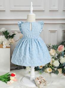 嬰兒花卉圖案提花荷葉邊前蝴蝶結洋裝 - 藍色 - 查看 2