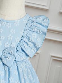 嬰兒花卉圖案提花荷葉邊前蝴蝶結洋裝 - 藍色 - 查看 3