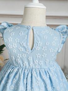 嬰兒花卉圖案提花荷葉邊前蝴蝶結洋裝 - 藍色 - 查看 4