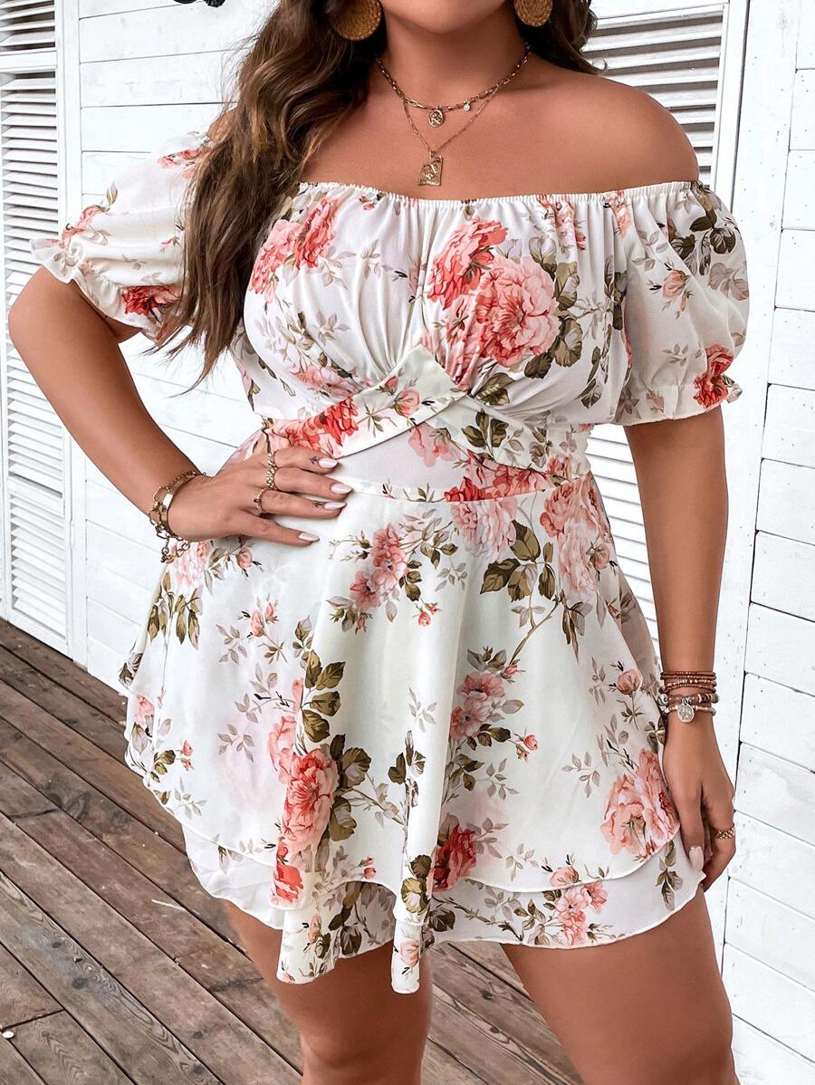 SHEIN Holidaya Jumpsuits Plus Size Buộc lại Nếp gấp Phần Ngực Hoa Tất cả trên in Boho - Nhiều màu - Xem 1