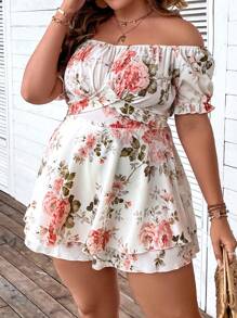 SHEIN Holidaya Jumpsuits Plus Size Buộc lại Nếp gấp Phần Ngực Hoa Tất cả trên in Boho - Nhiều màu - Xem 4