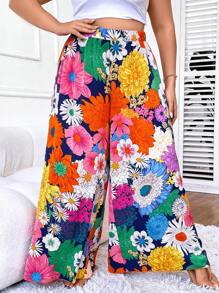 SHEIN Holidaya Plus Floral Print Wide Leg Trousers - Multicolor - View 1