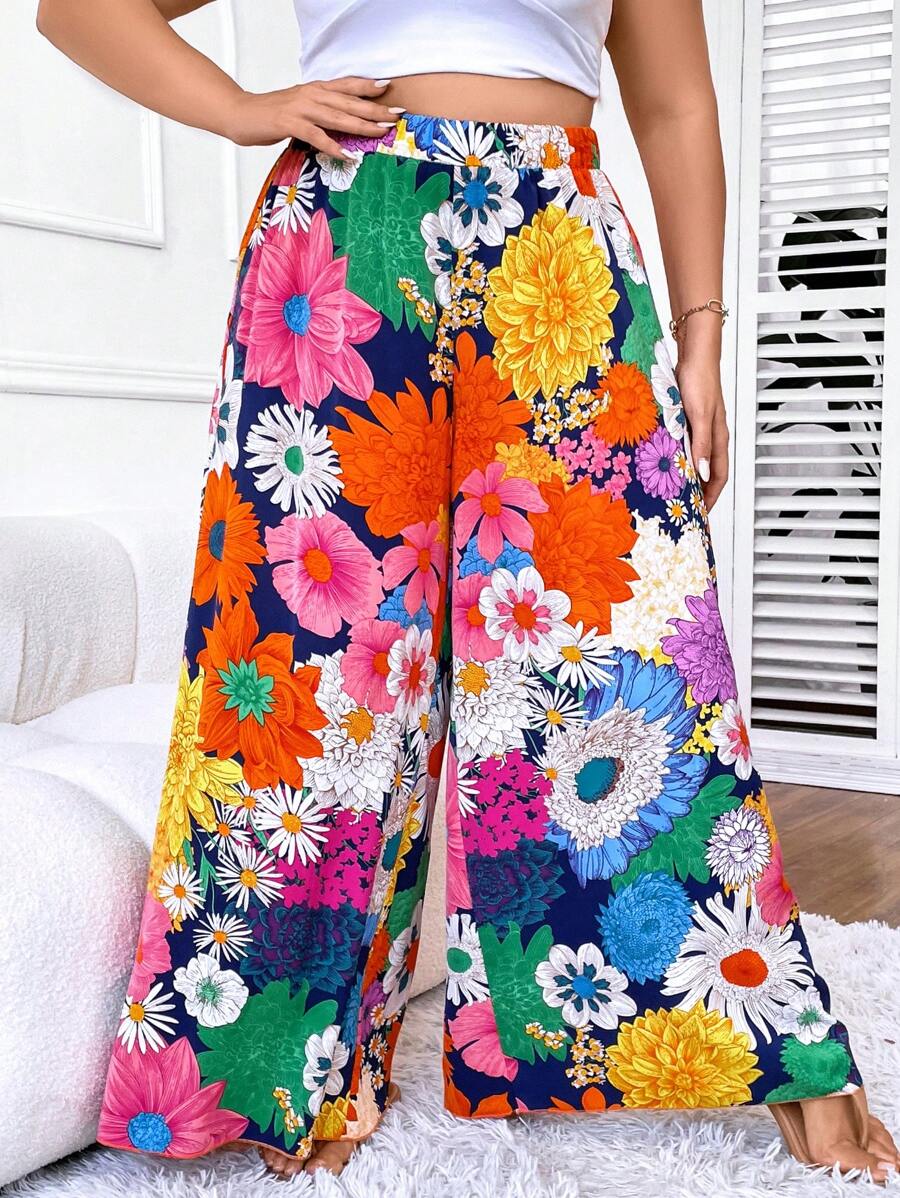 SHEIN Holidaya Plus Floral Print Wide Leg Trousers - Multicolor - View 1