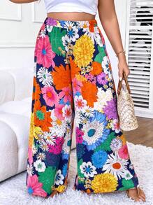 SHEIN Holidaya Plus Floral Print Wide Leg Trousers - Multicolor - View 3