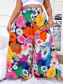 SHEIN Holidaya Plus Floral Print Wide Leg Trousers - Multicolor - View 6