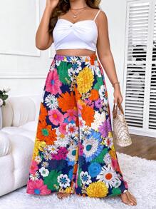 SHEIN Holidaya Plus Floral Print Wide Leg Trousers - Multicolor - View 7