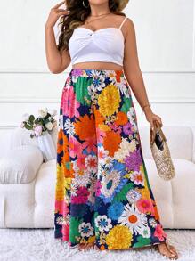 SHEIN Holidaya Plus Floral Print Wide Leg Trousers - Multicolor - View 8