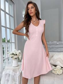 Half Button Solid Lounge Dress - Pink - View 6
