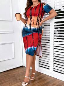 SHEIN LUNE Đầm Plus Size Dây kéo Tách cao Cà vạt nhuộm Giải trí - Nhiều màu - Xem 8