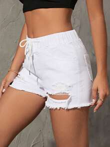 SHEIN Essnce Quần short denim nữ Dây kéo Hem thô Bị tách Thắt nơ trước màu trơn - trắng - Xem 2