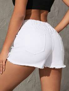 SHEIN Essnce Quần short denim nữ Dây kéo Hem thô Bị tách Thắt nơ trước màu trơn - trắng - Xem 3