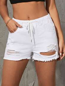 SHEIN Essnce Quần short denim nữ Dây kéo Hem thô Bị tách Thắt nơ trước màu trơn - trắng - Xem 4