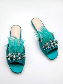 Glamorous Teal Blue Sandals For Women, Rhinestone & Fluffy Decor Satin Slide Sandals - Teal Blue - View 1