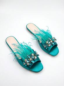 Glamorous Teal Blue Sandals For Women, Rhinestone & Fluffy Decor Satin Slide Sandals - Teal Blue - View 3