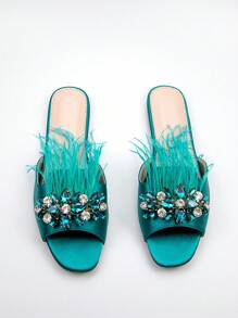 Glamorous Teal Blue Sandals For Women, Rhinestone & Fluffy Decor Satin Slide Sandals - Teal Blue - View 4