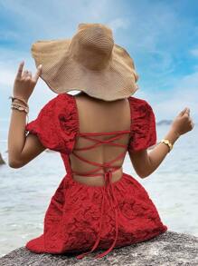 SHEIN Holidaya Lace Up Backless Puff Sleeve Dress - Red - View 1